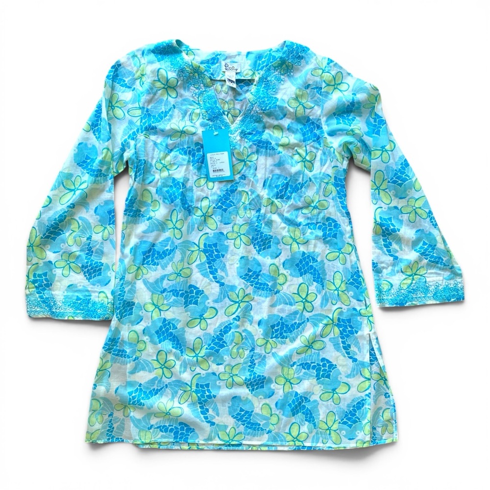 NWT Lilly Pulitzer Blue Cotton Fish Koi Print Caftan Coverup Dress M St Tropez